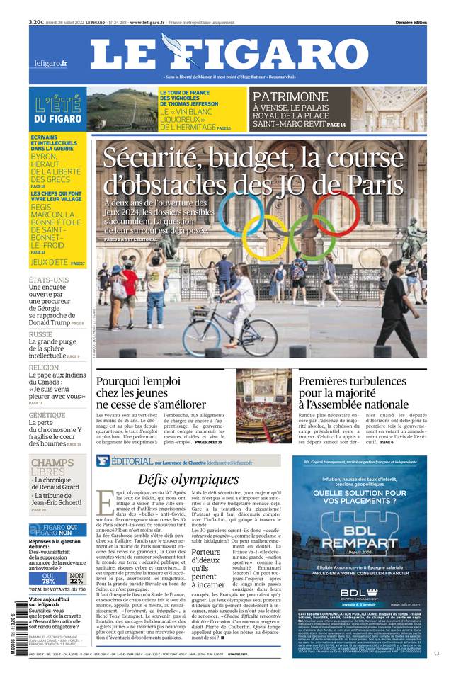 Le Figaro Une du 26 juillet 2022