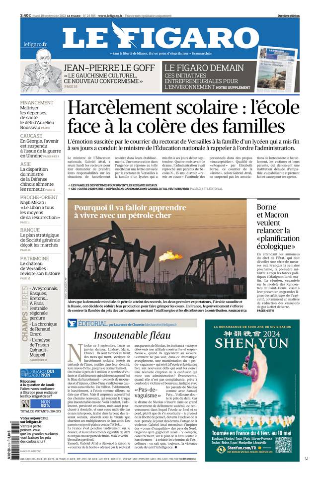 Le Figaro Une du 19 septembre 2023
