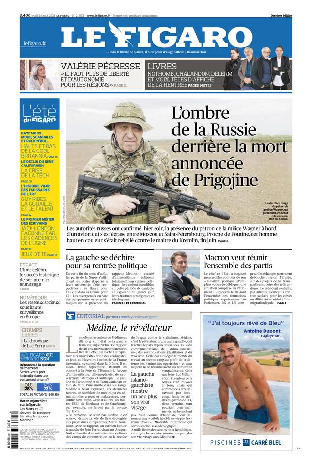 Le Figaro Une du 24 août 2023