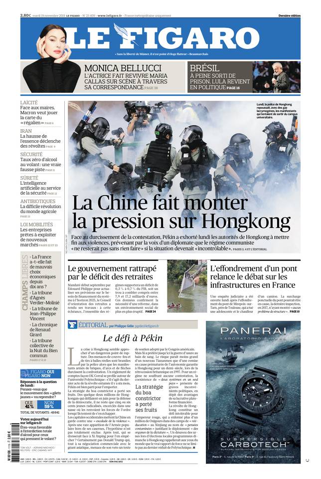 Le Figaro Une du 19 novembre 2019