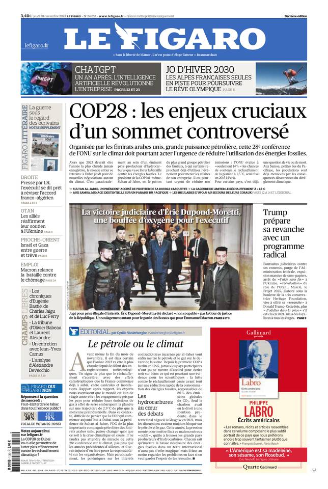 Le Figaro Une du 30 novembre 2023