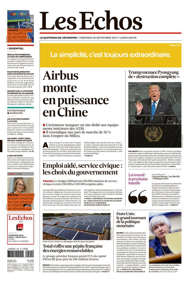 Les Echos 20 septembre 2017 Abonnement aux Échos Pas Cher avec le BOUQUET ÉCONOMIE ePresse.fr