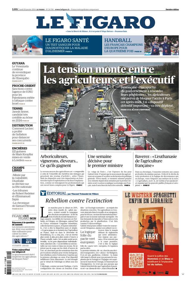 Le Figaro Une du 29 janvier 2024