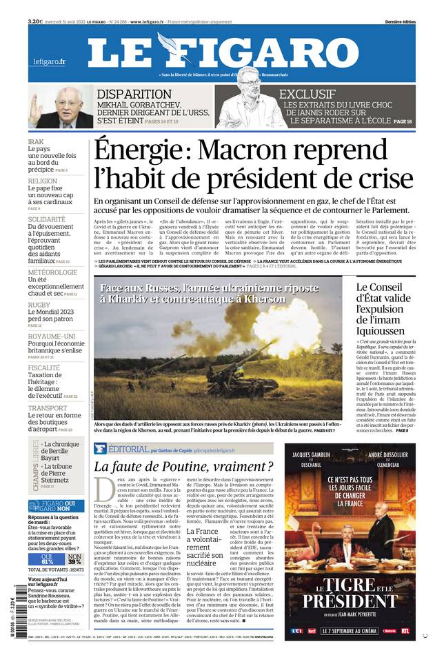 Le Figaro Une du 31 août 2022