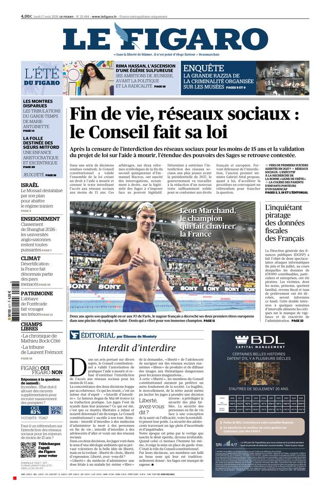 Le Figaro Une du 17 août 2026