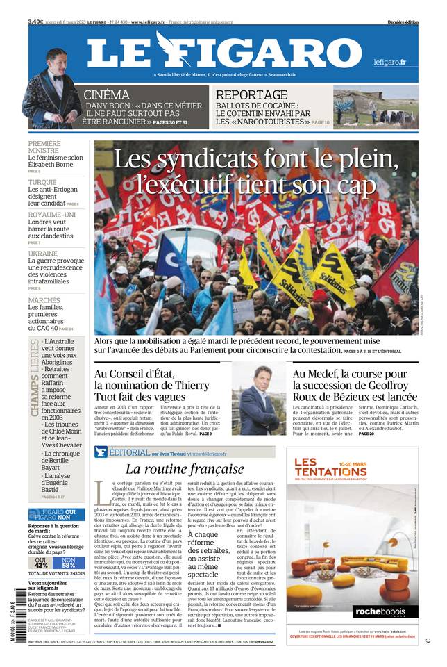 Le Figaro Une du 8 mars 2023