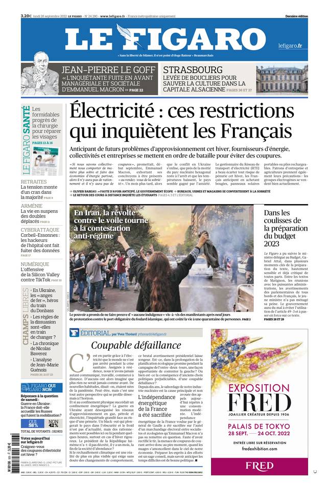 Le Figaro Une du 26 septembre 2022