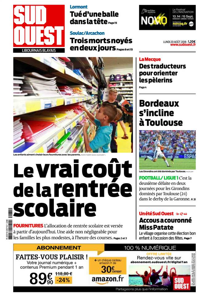 Sud Ouest 20 août 2018 Abonnement Sud Ouest Pas Cher avec BOUQUET INFO ePresse.fr