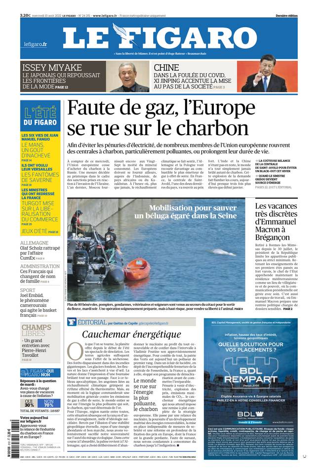 Le Figaro Une du 10 août 2022