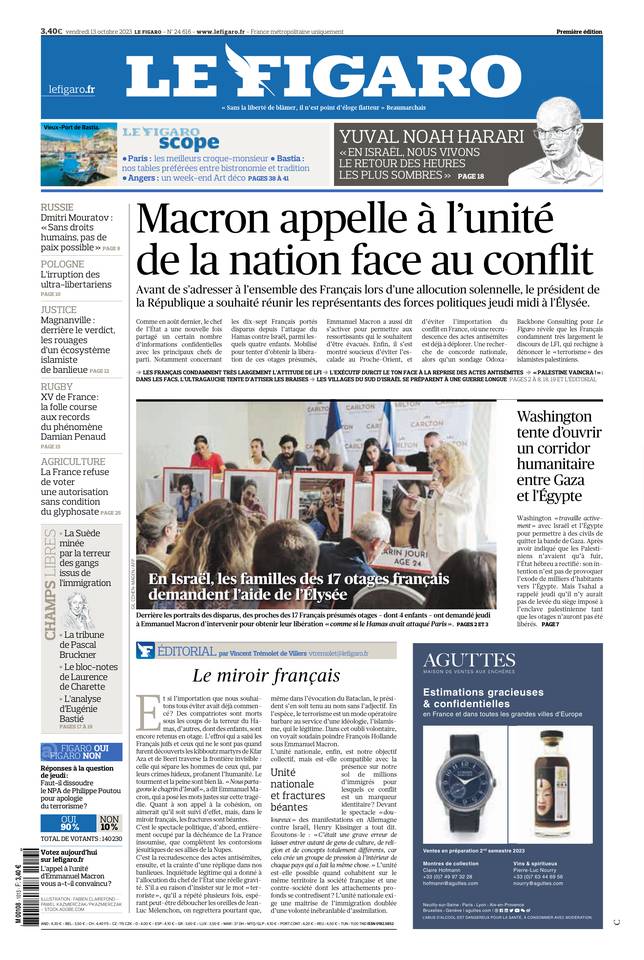 Le Figaro Une du 13 octobre 2023