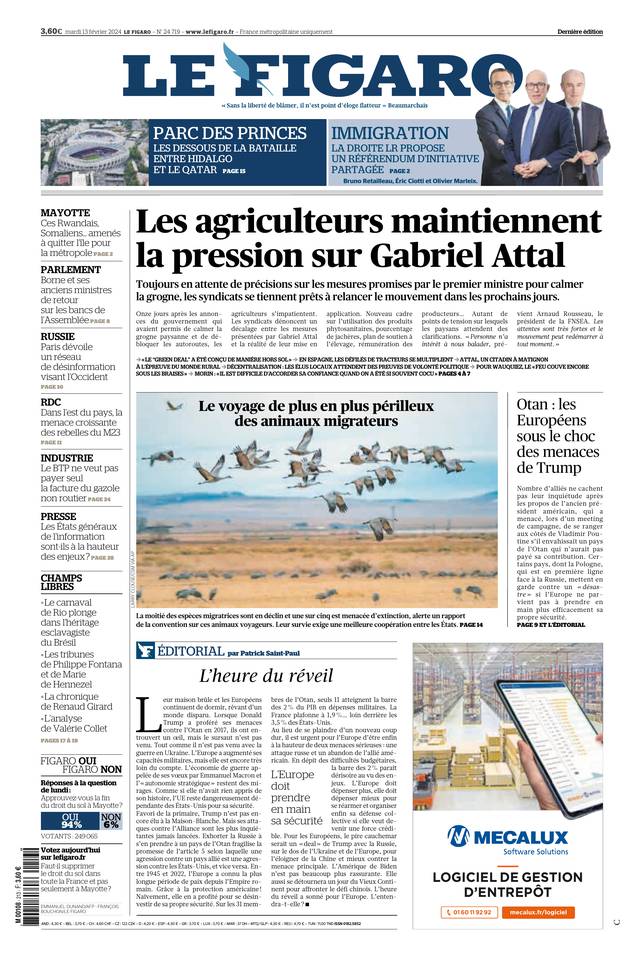 Le Figaro Une du 13 février 2024