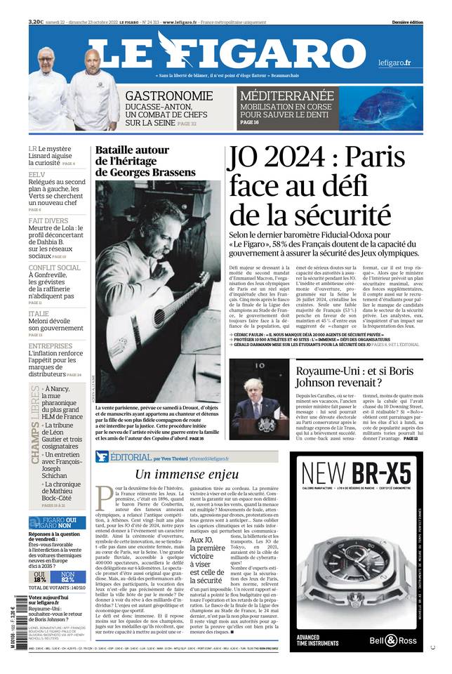 Le Figaro Une du 22 octobre 2022