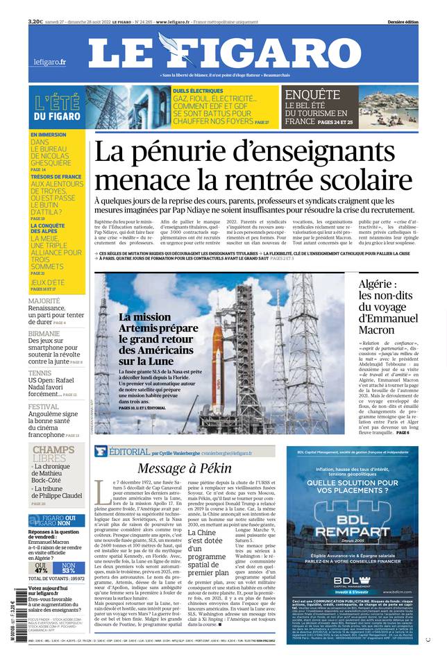 Le Figaro Une du 27 août 2022