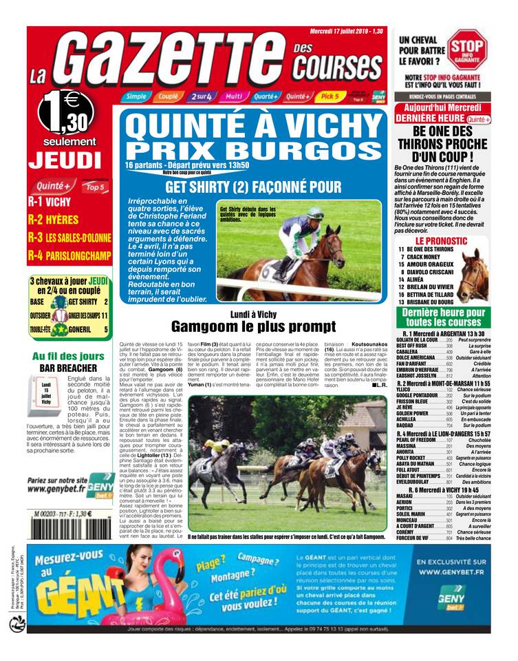 La Gazette des courses 17 juillet 2019 Abonnement La Gazette des Courses Pas Cher avec le BOUQUET ePresse.fr