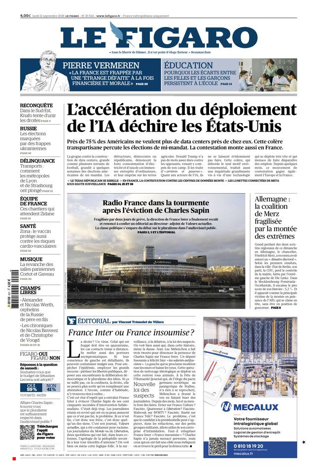 Le Figaro Une du 21 septembre 2026