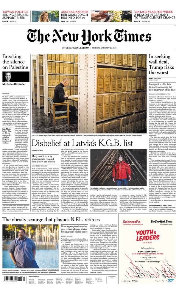 International New York Times 21 janvier 2019 Abonnement International NY Times Pas Cher avec le BOUQUET ePresse.fr