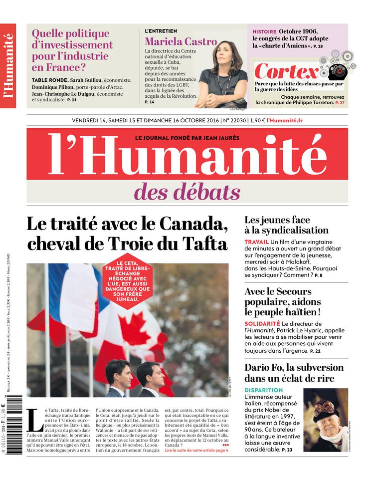 L'Humanité 14 octobre 2016 L'Humanité du 14 octobre 2016 à télécharger sur iPad