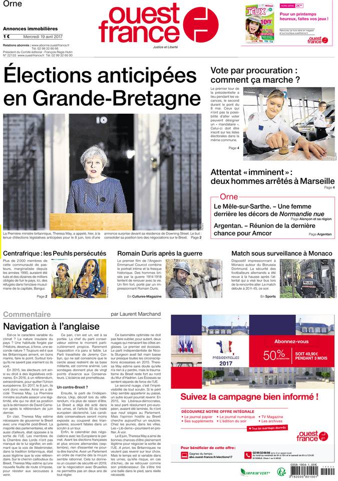 Ouest-France 19 avril 2017 Ouest-France du 19 avril 2017 à télécharger sur iPad