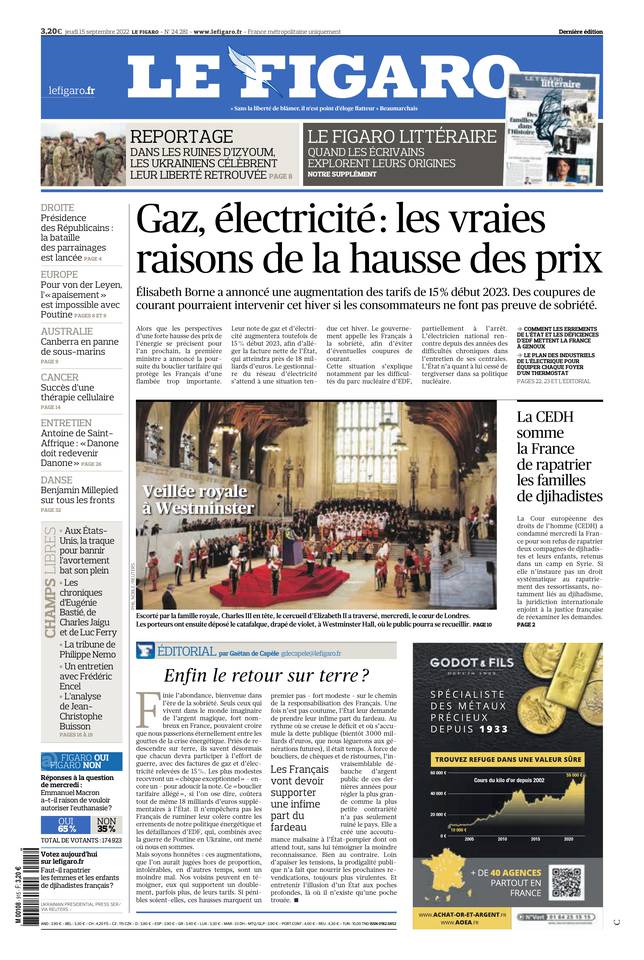 Le Figaro Une du 15 septembre 2022