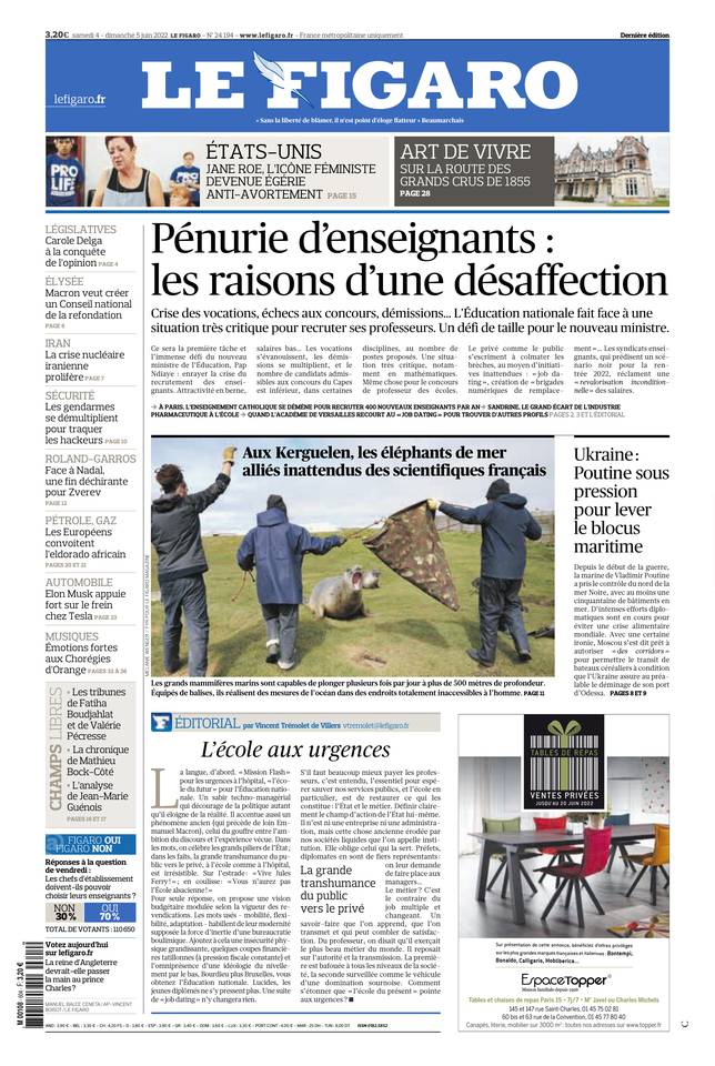 Le Figaro Une du 4 juin 2022