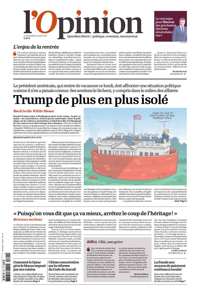 L'Opinion 21 août 2017 Abonnement à L’Opinion Pas Cher avec le BOUQUET INFO ePresse.fr