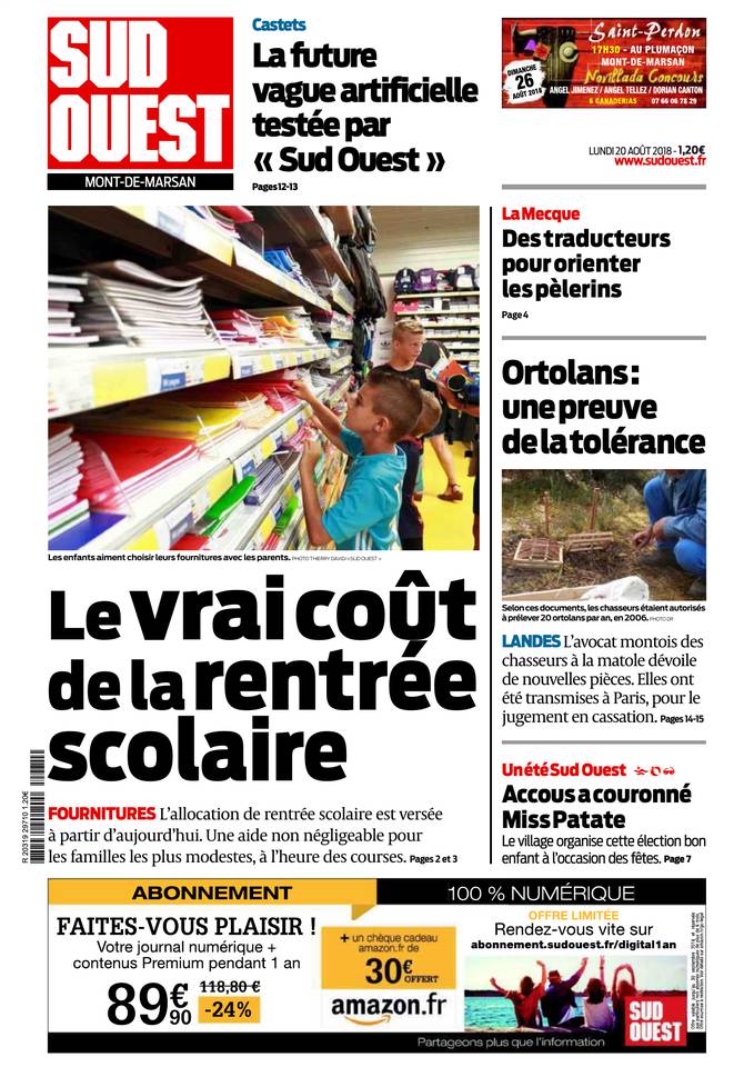 Sud Ouest 20 août 2018 Abonnement Sud Ouest Pas Cher avec BOUQUET INFO ePresse.fr