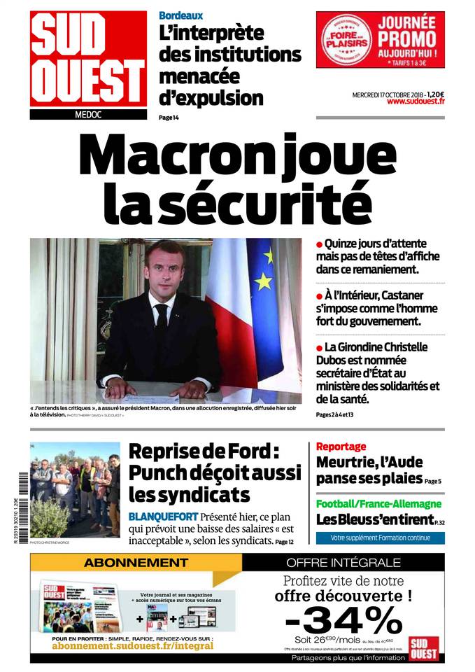 Sud Ouest 17 octobre 2018 Abonnement Sud Ouest Pas Cher avec BOUQUET INFO ePresse.fr