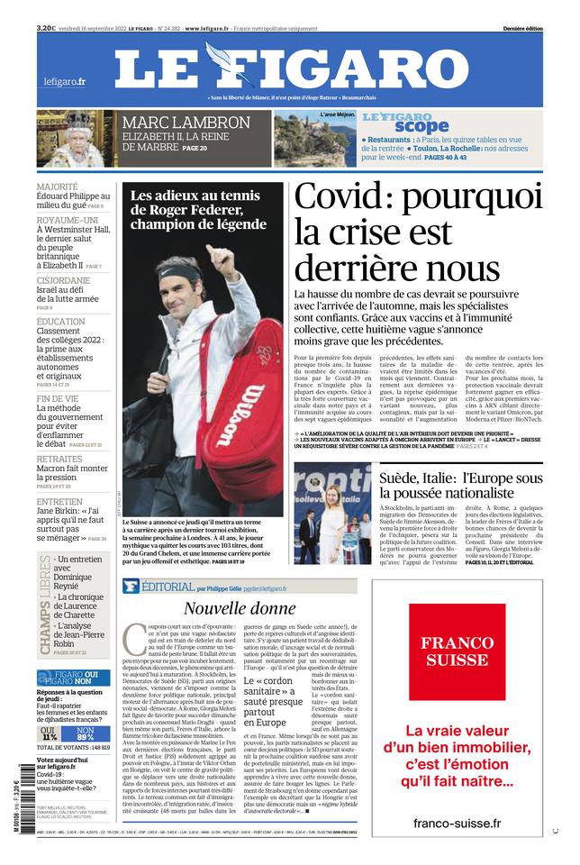 Le Figaro Une du 16 septembre 2022