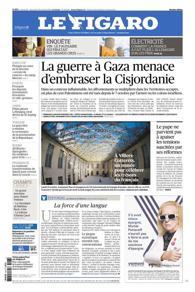 Le Figaro Une du 28 octobre 2023