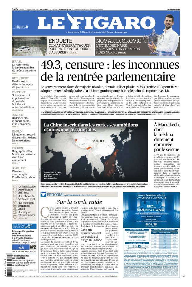 Le Figaro Une du 12 septembre 2023