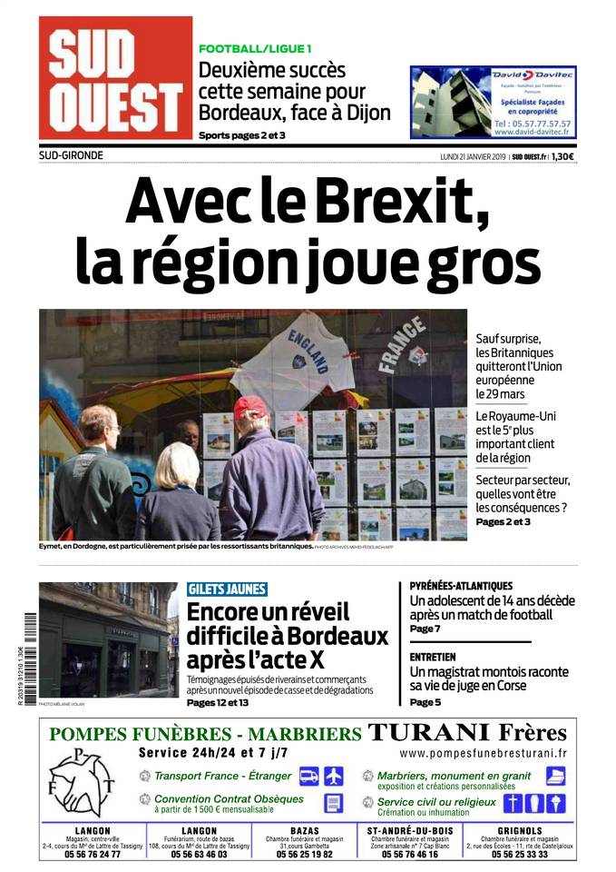 Sud Ouest 21 janvier 2019 Abonnement Sud Ouest Pas Cher avec BOUQUET INFO ePresse.fr