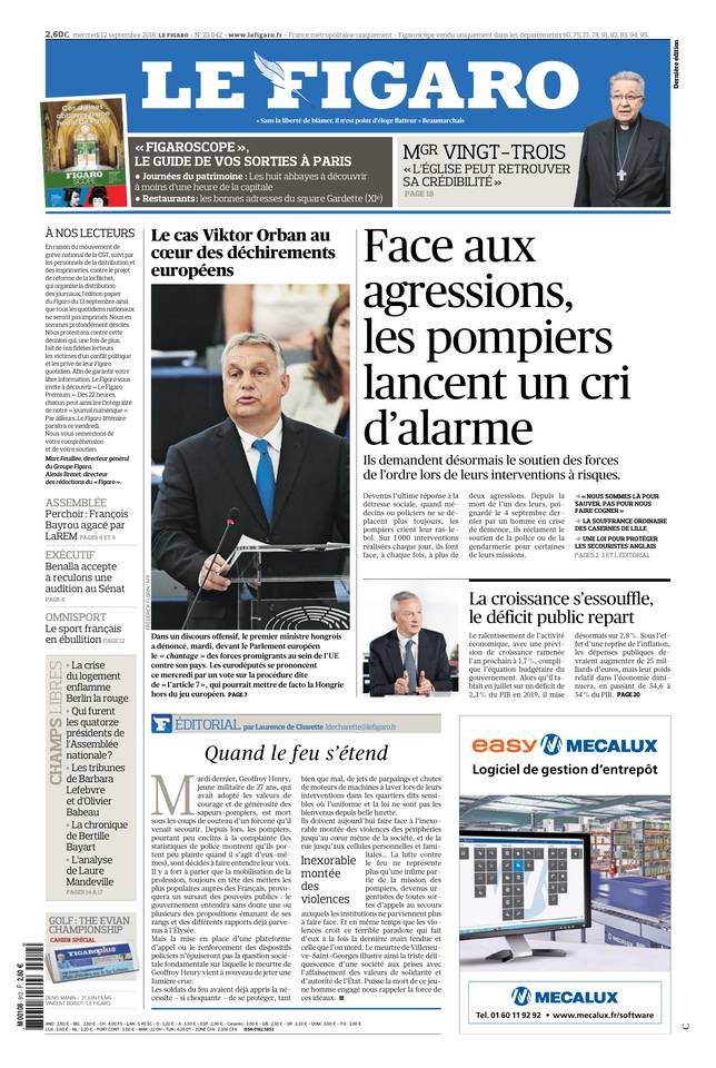 Le Figaro Une du 12 septembre 2018