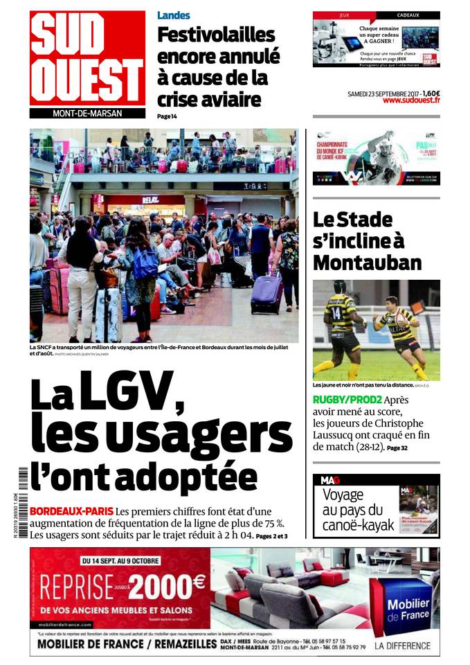 Sud Ouest 23 septembre 2017 Abonnement Sud Ouest Pas Cher avec BOUQUET INFO ePresse.fr