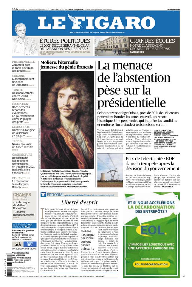 Le Figaro Une du 15 janvier 2022