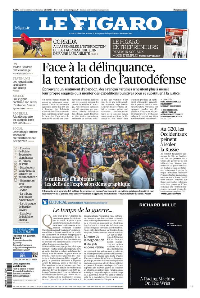 Le Figaro Une du 16 novembre 2022