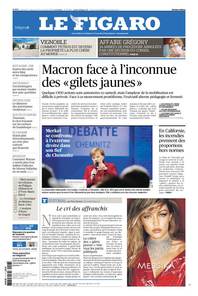 Le Figaro 17 novembre 2018 Le Figaro du 17 novembre 2018 à télécharger sur iPad