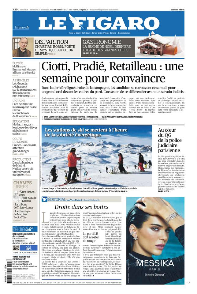 Le Figaro Une du 26 novembre 2022