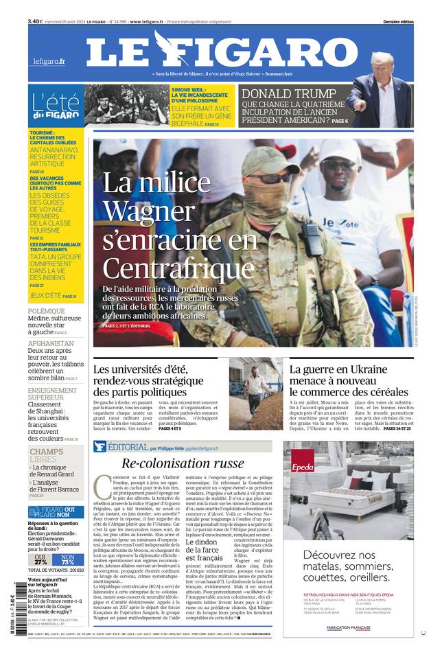 Le Figaro Une du 16 août 2023