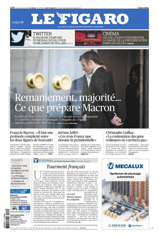Le Figaro Une du 26 avril 2022