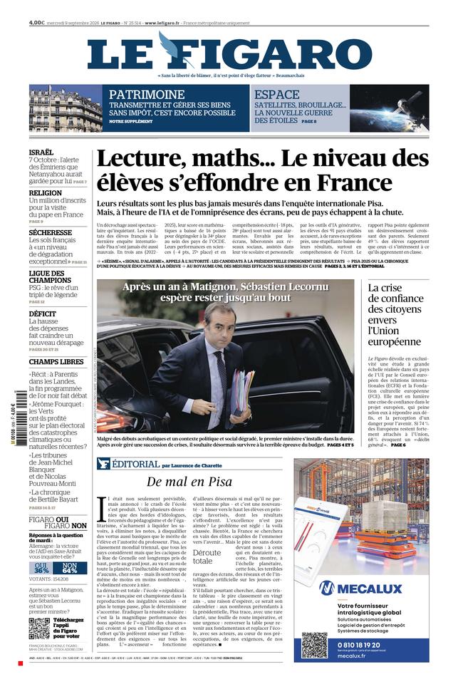 Le Figaro Une du 9 septembre 2026