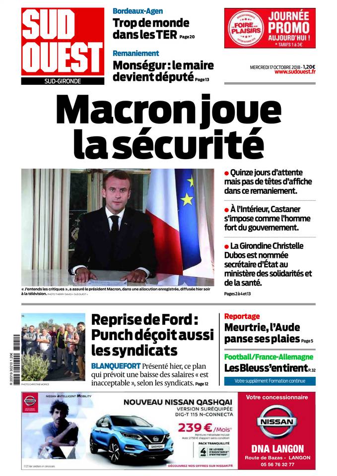 Sud Ouest 17 octobre 2018 Abonnement Sud Ouest Pas Cher avec BOUQUET INFO ePresse.fr