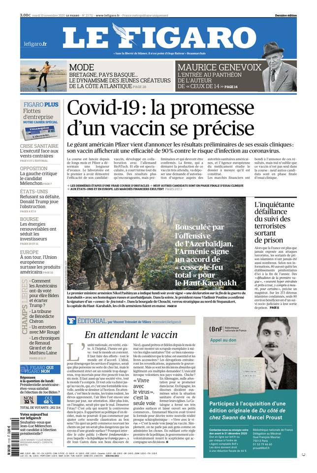 Le Figaro Une du 10 novembre 2020