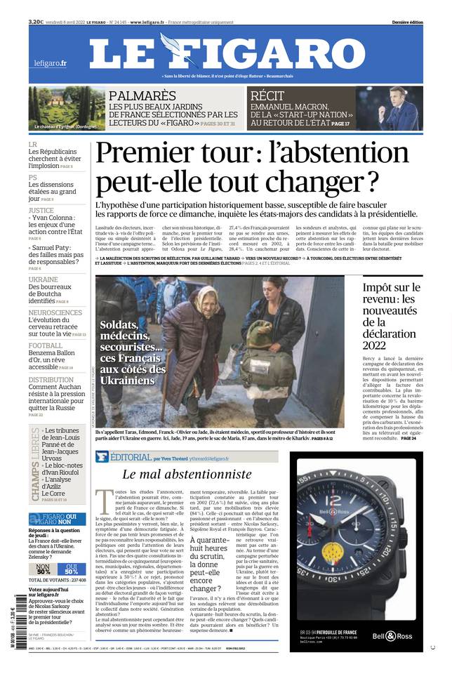 Le Figaro Une du 8 avril 2022