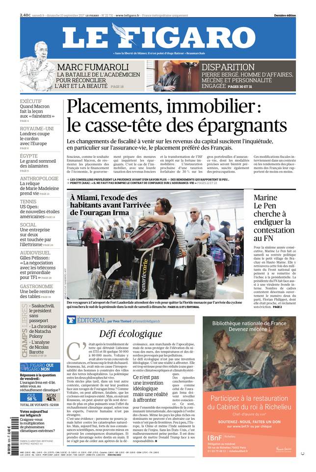 Le Figaro 09 septembre 2017 Le Figaro du 09 septembre 2017 à télécharger sur iPad