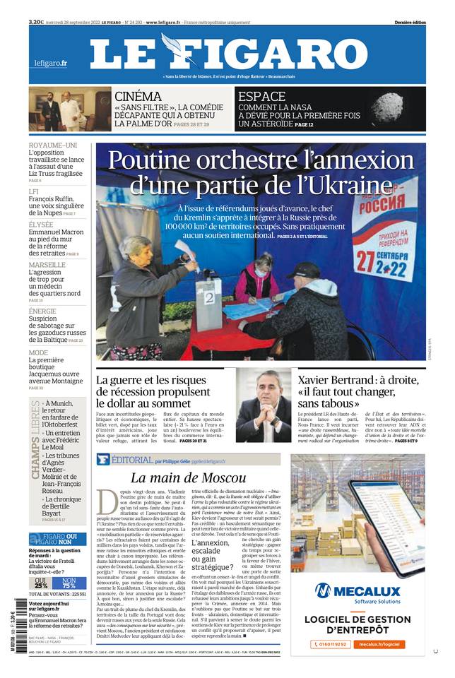 Le Figaro Une du 28 septembre 2022