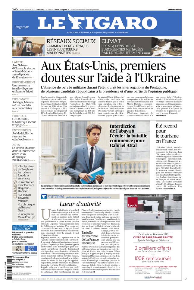 Le Figaro Une du 29 août 2023