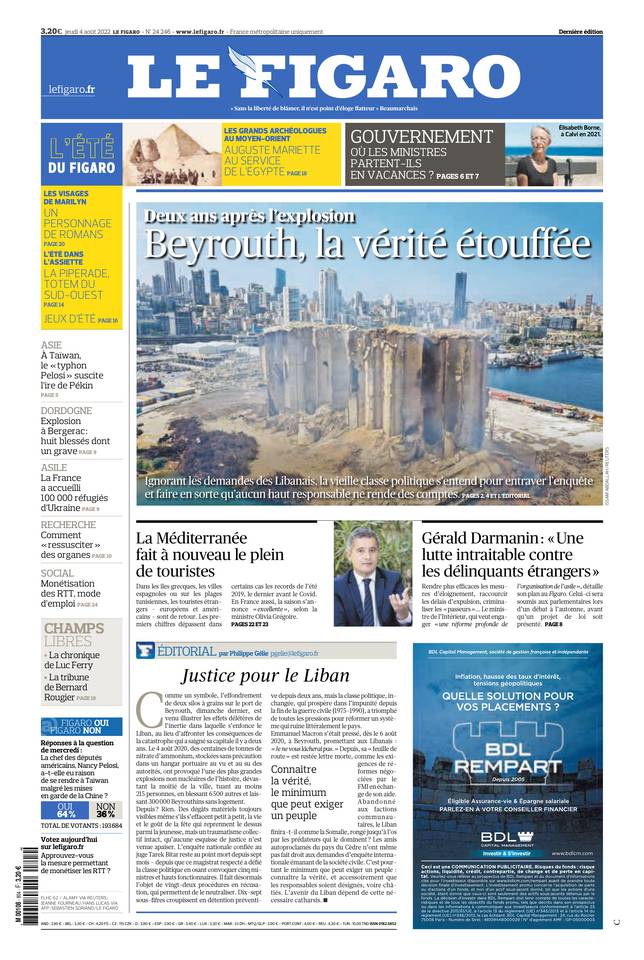 Le Figaro Une du 4 août 2022