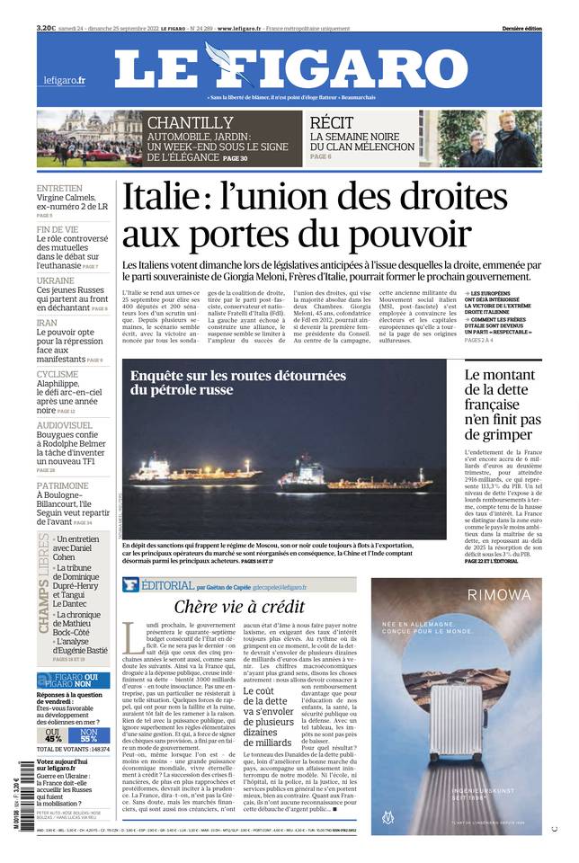 Le Figaro Une du 24 septembre 2022