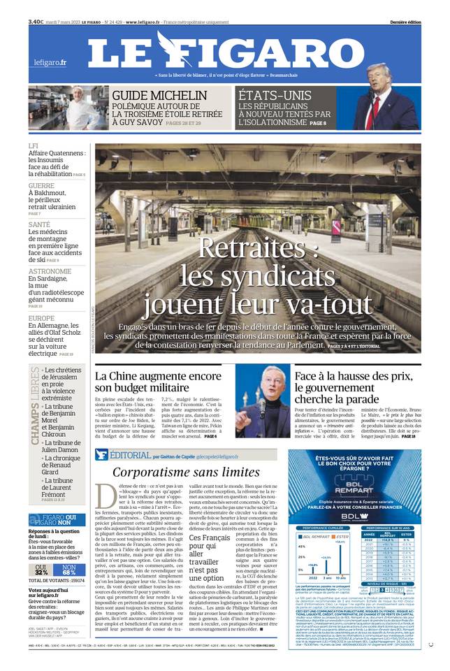 Le Figaro Une du 7 mars 2023