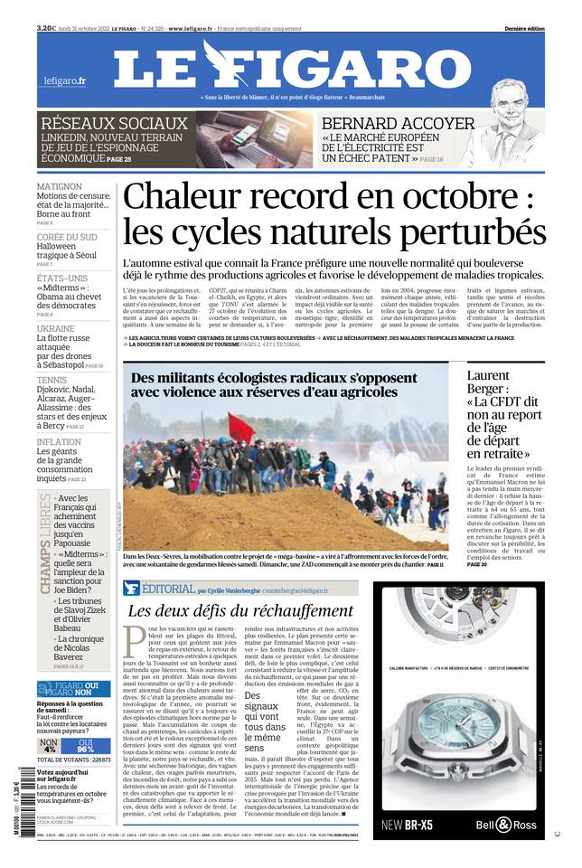 Le Figaro Une du 31 octobre 2022